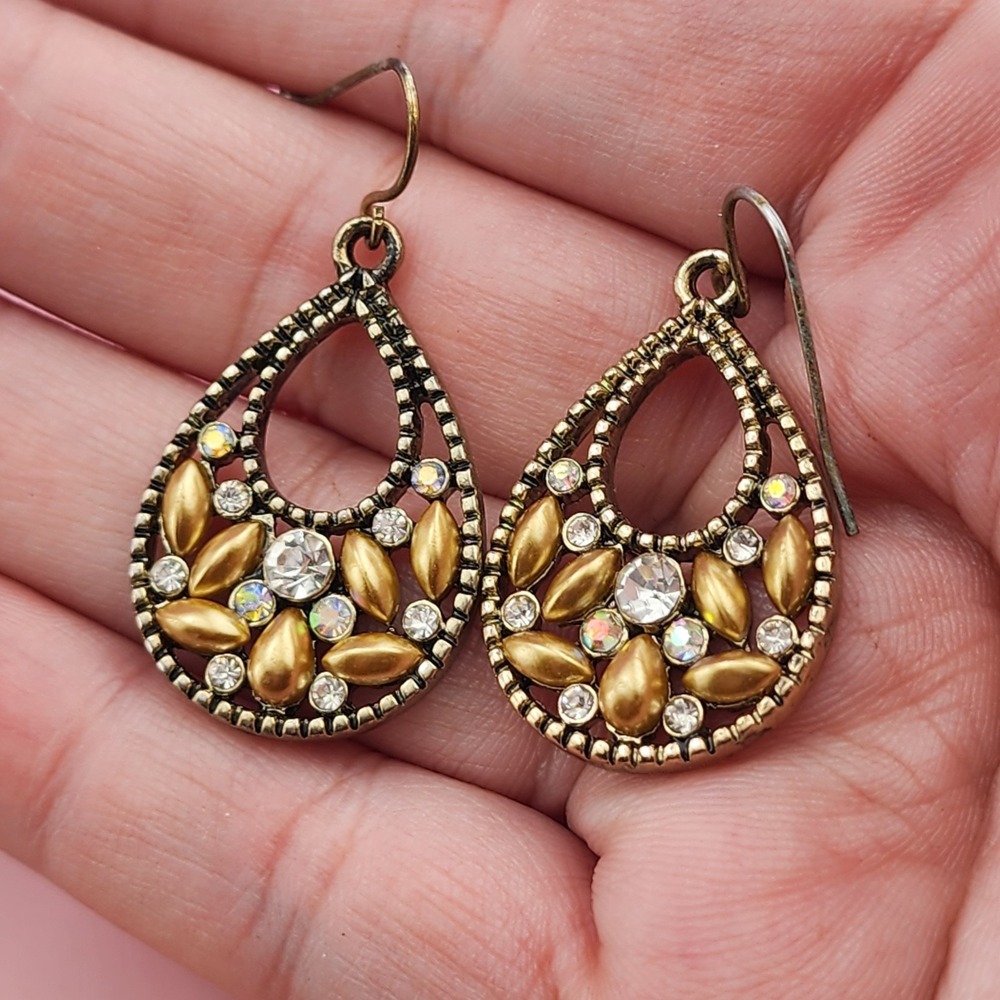 Gold Tone Teardrop Dangle Earrings Clear AB Rhinestone Floral Statement Boho